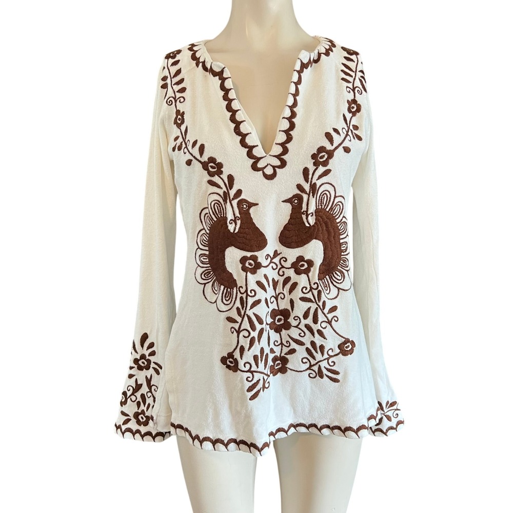 Tory Burch White Brown Embroidered Bird Floral Cotton Tunic Top Medium